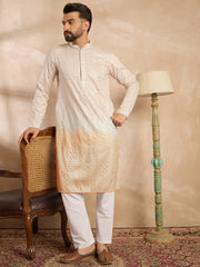 Ethnic Bay Men Peach Silk Blend Ombre Embroidered Straight Kurta Sets-MKSET1724
