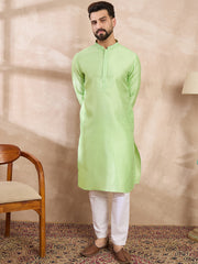 Ethnic Bay Men Green Silk Blend Solid Embroidered Straight Kurta With Trouser-MKSET1727