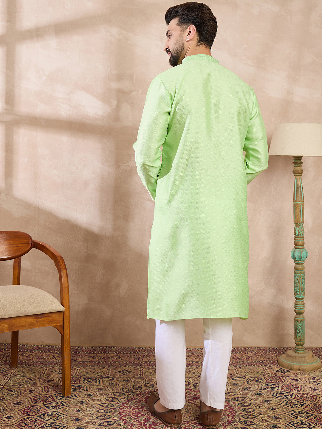 Ethnic Bay Men Green Silk Blend Solid Embroidered Straight Kurta With Trouser