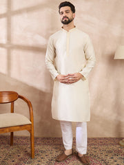 Ethnic Bay Men Off White Silk Blend Solid Embroidered Straight Kurta With Trouser-MKSET1728