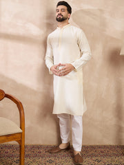 Ethnic Bay Men Off White Silk Blend Solid Embroidered Straight Kurta With Trouser-MKSET1728
