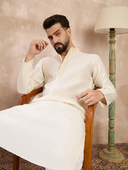 Ethnic Bay Men Off White Silk Blend Solid Embroidered Straight Kurta With Trouser-MKSET1728