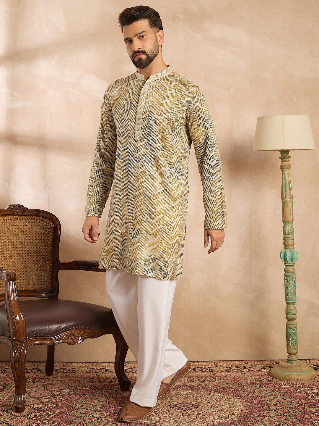 Ethnic Bay Men Green Silk Blend Solid Embroidered Straight Kurta Sets