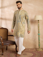 Ethnic Bay Men Green Silk Blend Solid Embroidered Straight Kurta Sets-MKSET1730