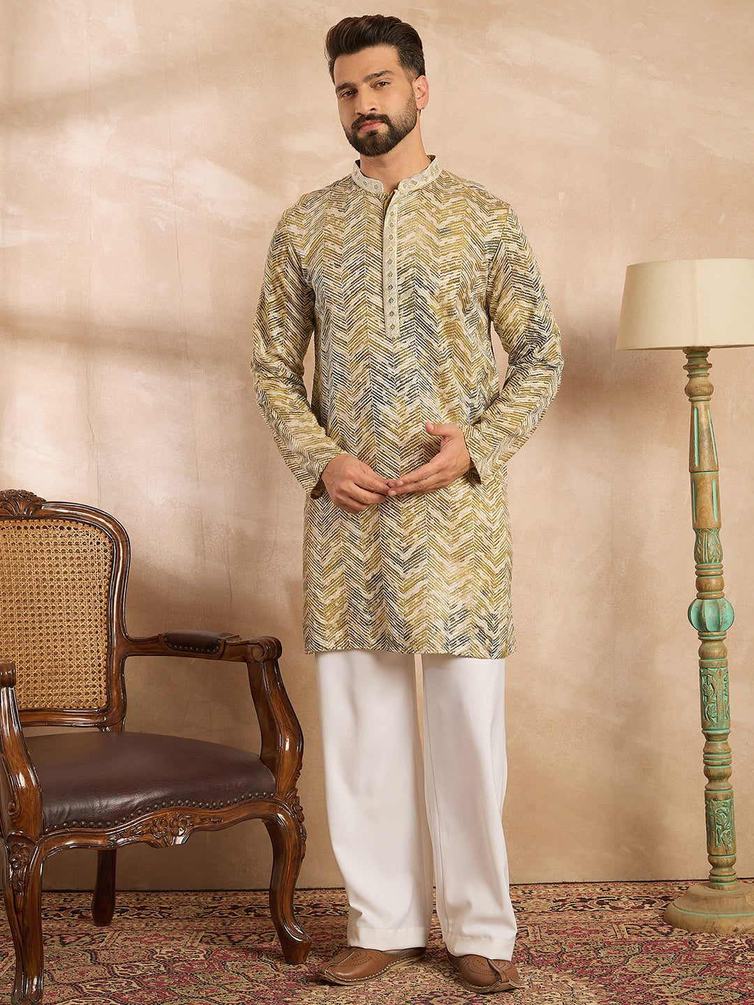 Ethnic Bay Men Green Silk Blend Solid Embroidered Straight Kurta Sets