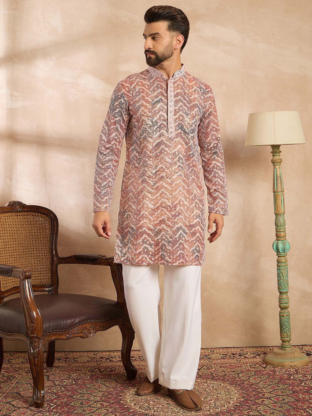 Ethnic Bay Men Orange Silk Blend Solid Embroidered Straight Kurta Sets
