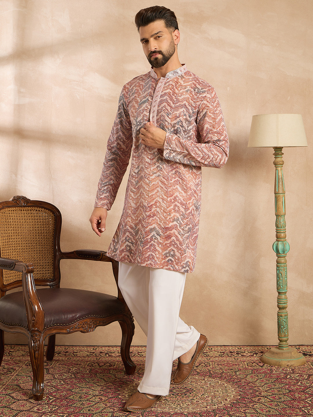 Ethnic Bay Men Orange Silk Blend Solid Embroidered Straight Kurta Sets