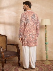 Ethnic Bay Men Orange Silk Blend Solid Embroidered Straight Kurta Sets-MKSET1731