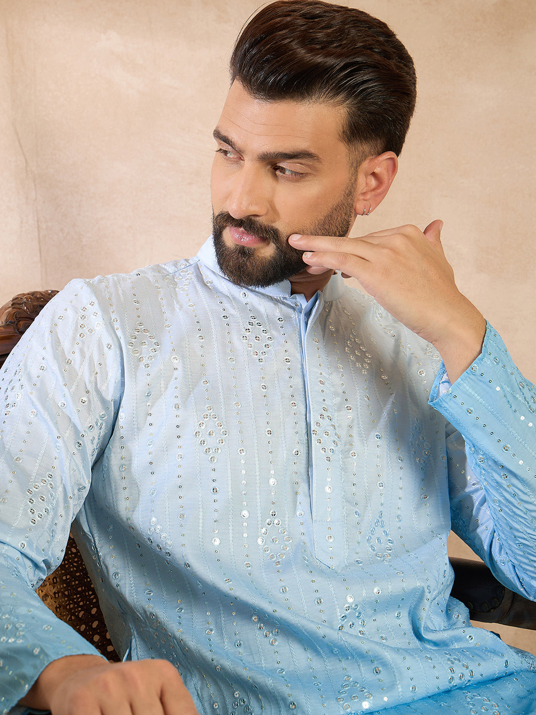 Ethnic Bay Men Blue Silk Blend Ombre Embroidered Straight Kurta Sets-MKSET1732