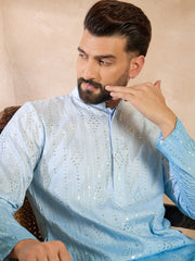 Ethnic Bay Men Blue Silk Blend Ombre Embroidered Straight Kurta Sets-MKSET1732