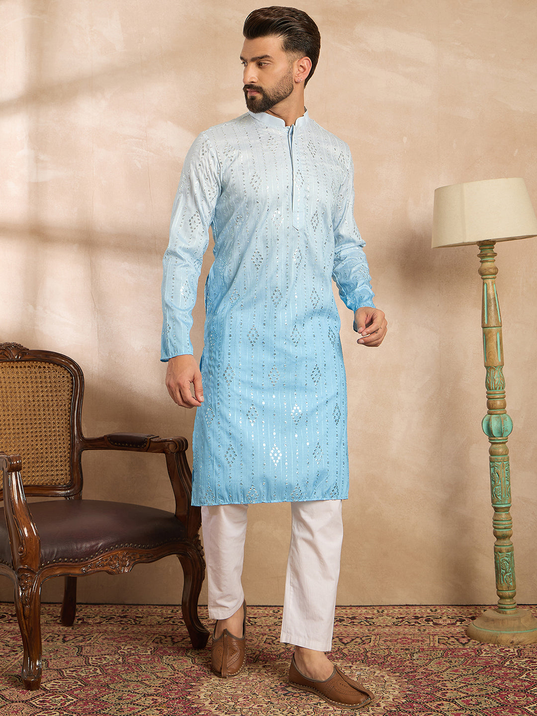 Ethnic Bay Men Blue Silk Blend Ombre Embroidered Straight Kurta Sets