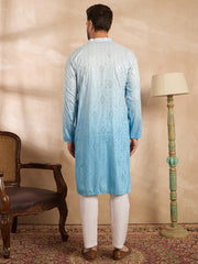Ethnic Bay Men Blue Silk Blend Ombre Embroidered Straight Kurta Sets-MKSET1732