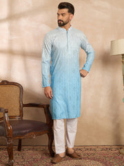 Ethnic Bay Men Blue Silk Blend Ombre Embroidered Straight Kurta Sets-MKSET1732