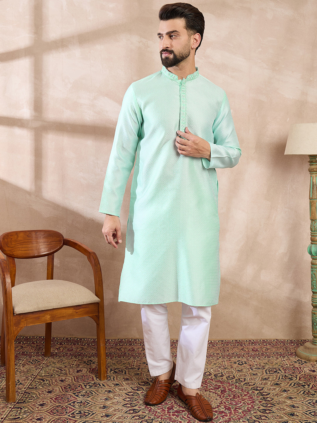 Ethnic Bay Men Blue Silk Blend Solid Embroidered Straight Kurta With Trouser