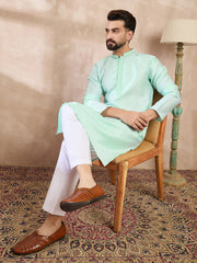 Ethnic Bay Men Blue Silk Blend Solid Embroidered Straight Kurta With Trouser-MKSET1734