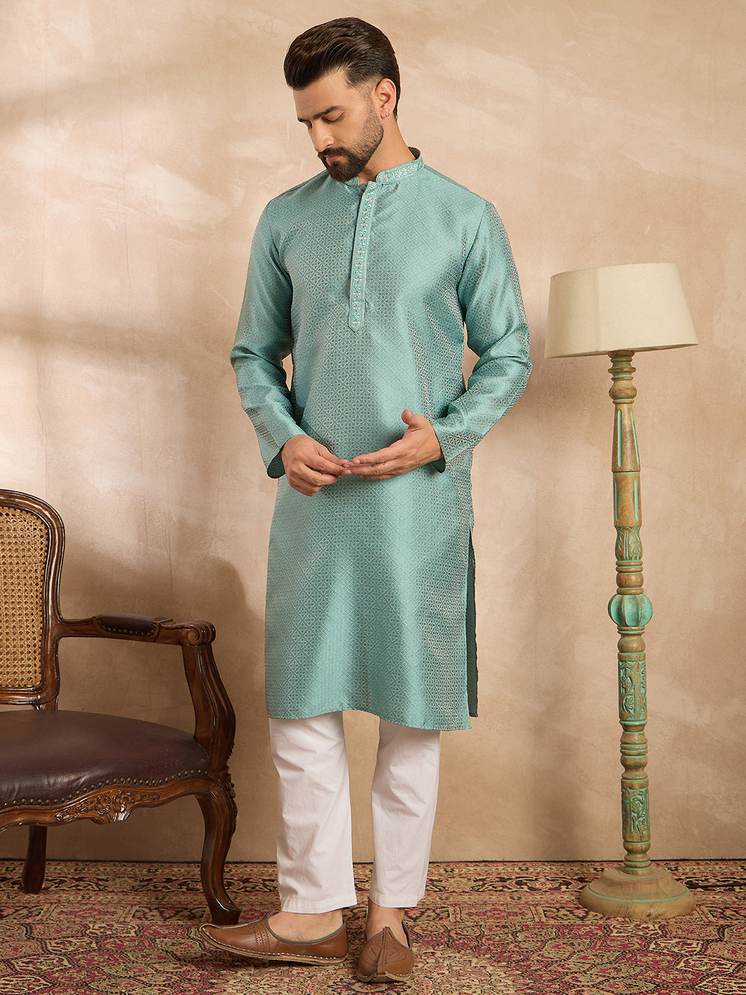 Ethnic Bay Men Green Polyester Solid Embroidered Straight Kurta Sets