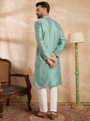 Ethnic Bay Men Green Polyester Solid Embroidered Straight Kurta Sets-MKSET1735