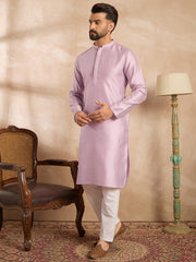 Ethnic Bay Men Lavender Polyester Solid Embroidered Straight Kurta Sets-MKSET1736
