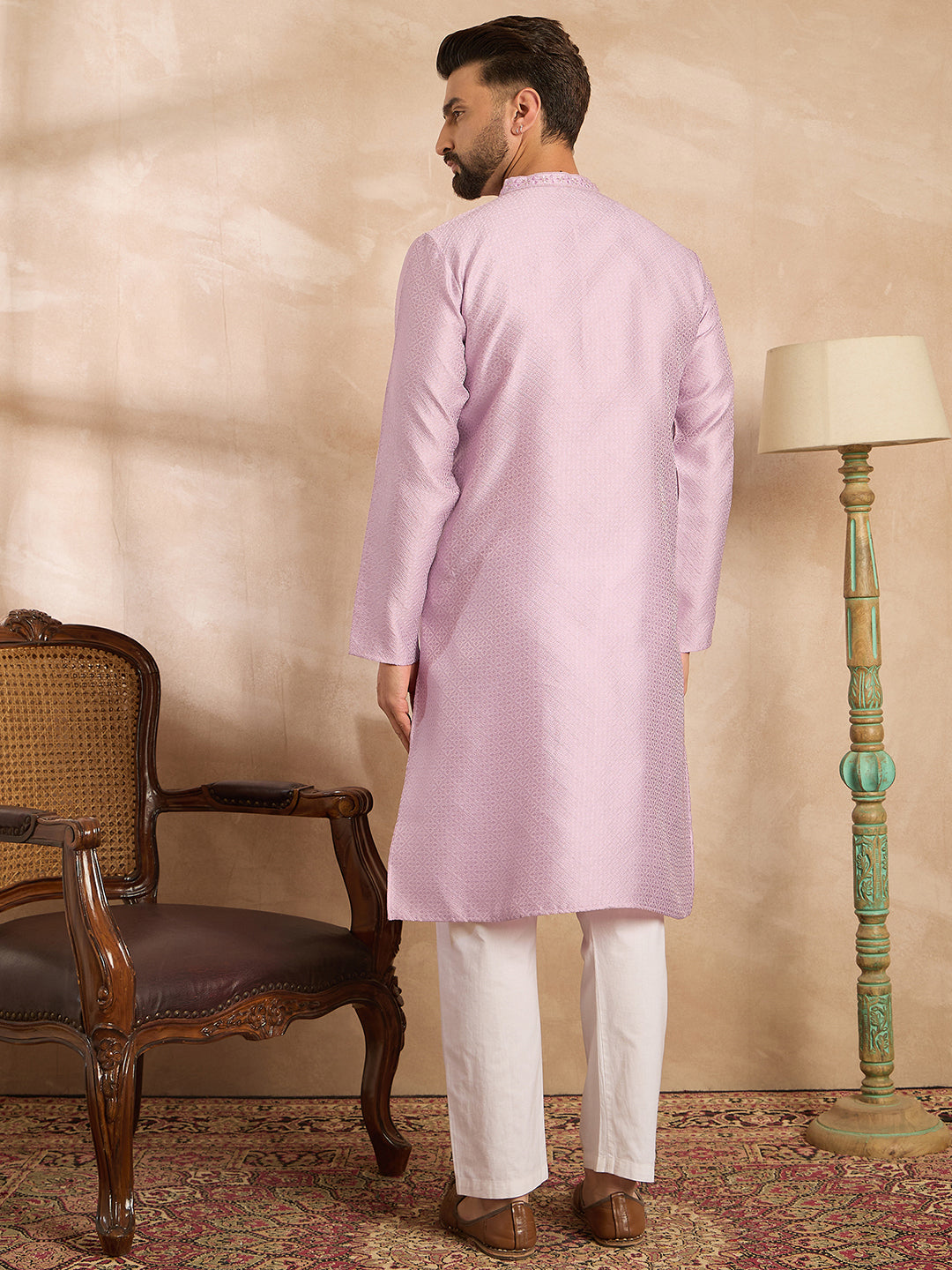 Ethnic Bay Men Lavender Polyester Solid Embroidered Straight Kurta Sets