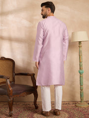 Ethnic Bay Men Lavender Polyester Solid Embroidered Straight Kurta Sets-MKSET1736