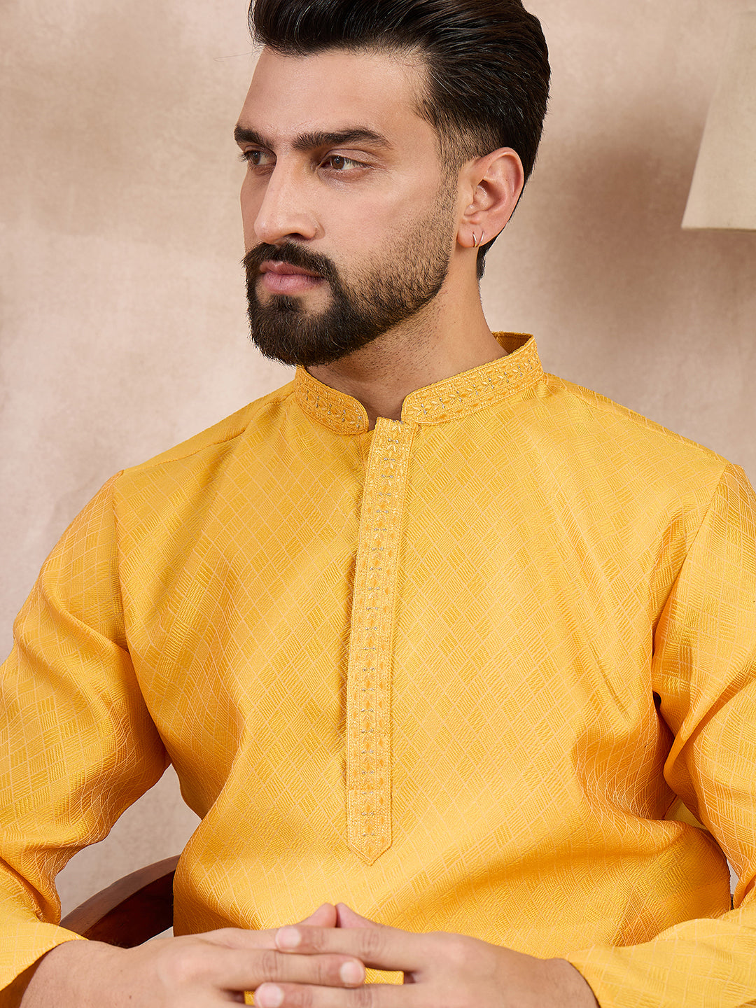 Ethnic Bay Men Yellow Silk Blend Solid Embroidered Straight Kurta With Trouser