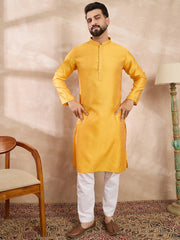 Ethnic Bay Men Yellow Silk Blend Solid Embroidered Straight Kurta With Trouser-MKSET1737