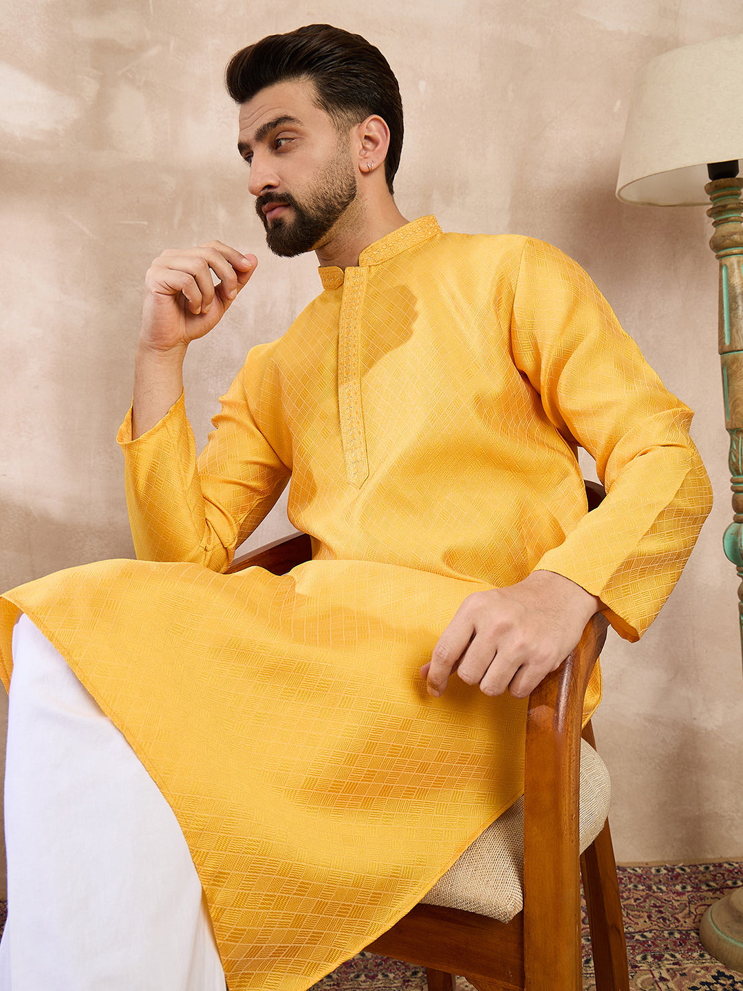 Ethnic Bay Men Yellow Silk Blend Solid Embroidered Straight Kurta With Trouser