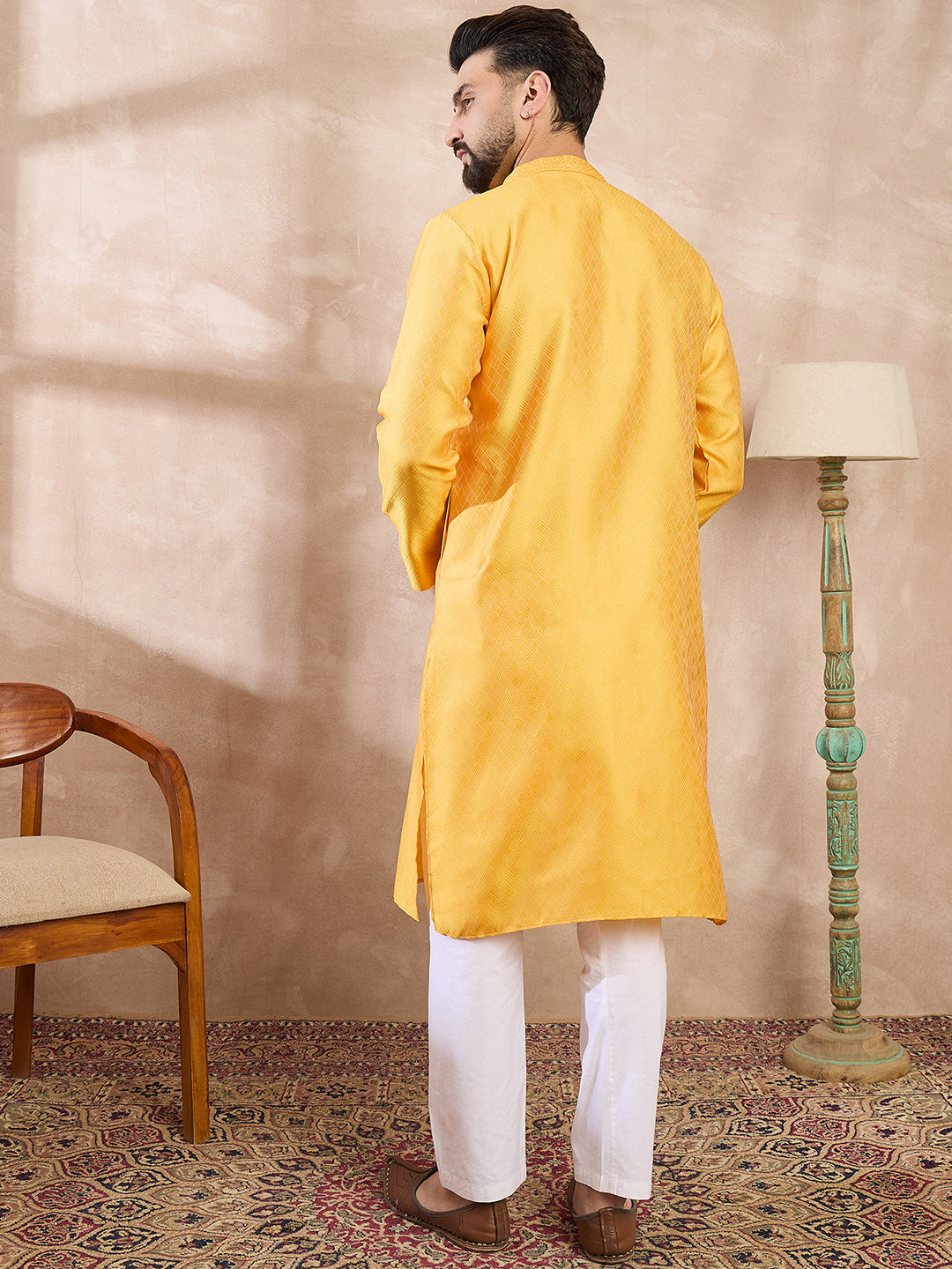 Ethnic Bay Men Yellow Silk Blend Solid Embroidered Straight Kurta With Trouser
