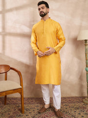 Ethnic Bay Men Yellow Silk Blend Solid Embroidered Straight Kurta With Trouser-MKSET1737