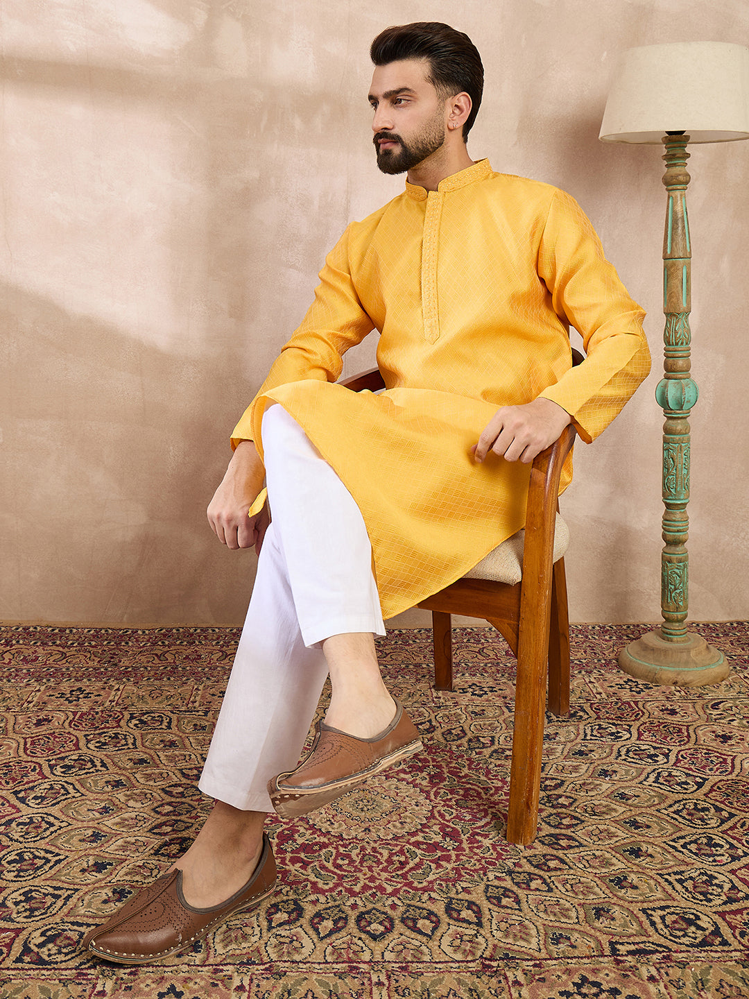 Ethnic Bay Men Yellow Silk Blend Solid Embroidered Straight Kurta With Trouser