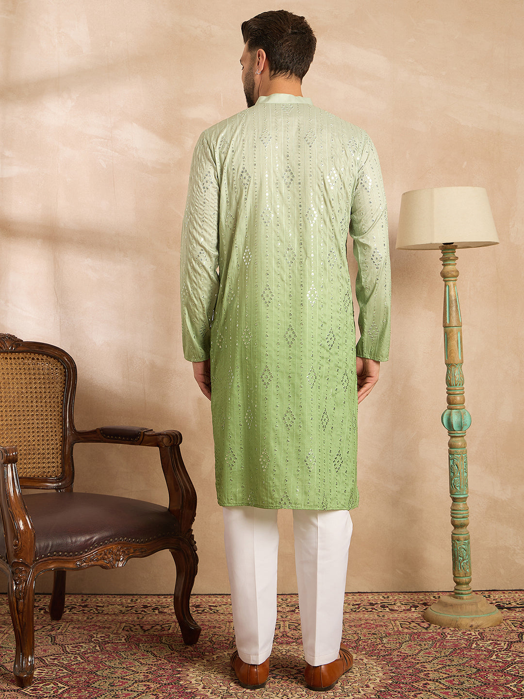 Ethnic Bay Men Green Silk Blend Ombre Embroidered Straight Kurta Sets