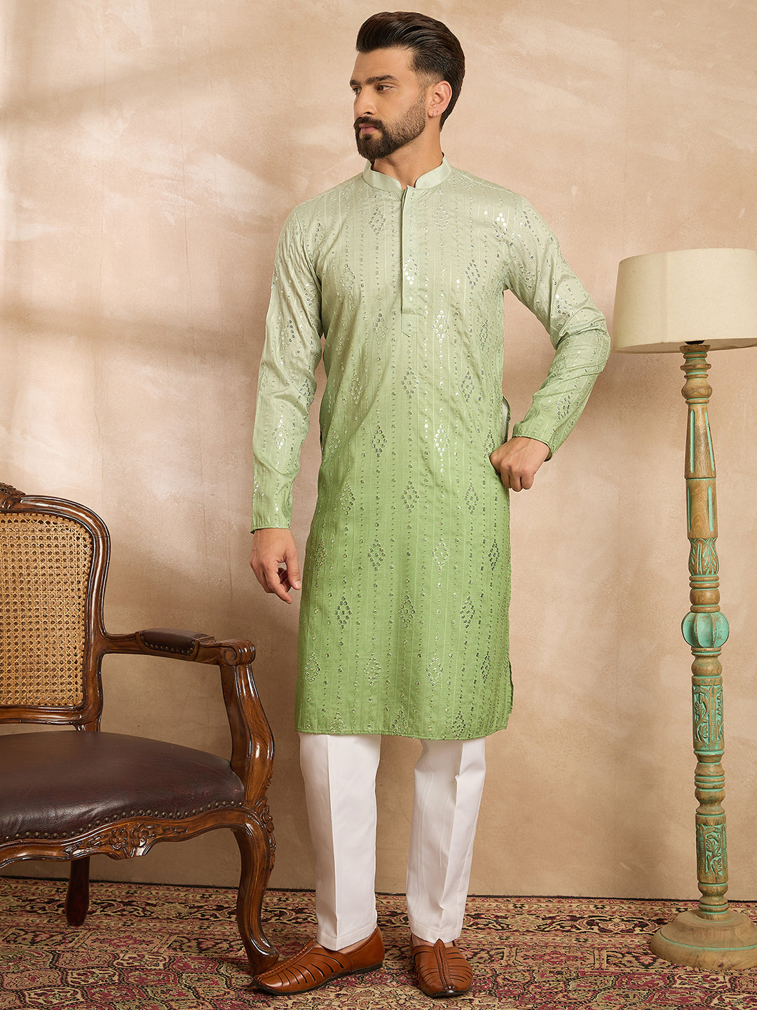 Ethnic Bay Men Green Silk Blend Ombre Embroidered Straight Kurta Sets