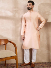 Ethnic Bay Men Peach Silk Blend Solid Embroidered Straight Kurta With Trouser-MKSET1739