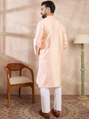 Ethnic Bay Men Peach Silk Blend Solid Embroidered Straight Kurta With Trouser-MKSET1739
