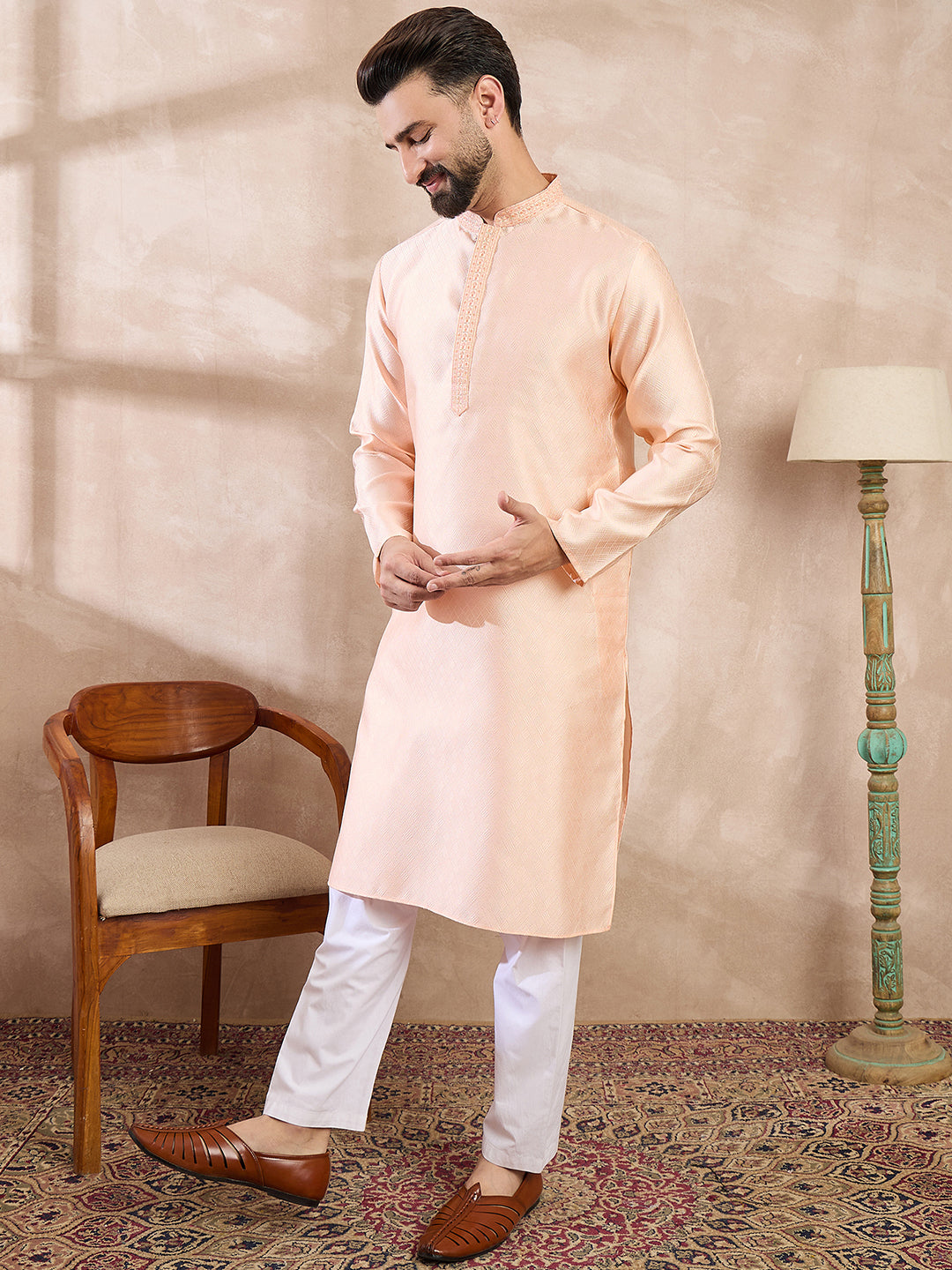 Ethnic Bay Men Peach Silk Blend Solid Embroidered Straight Kurta With Trouser