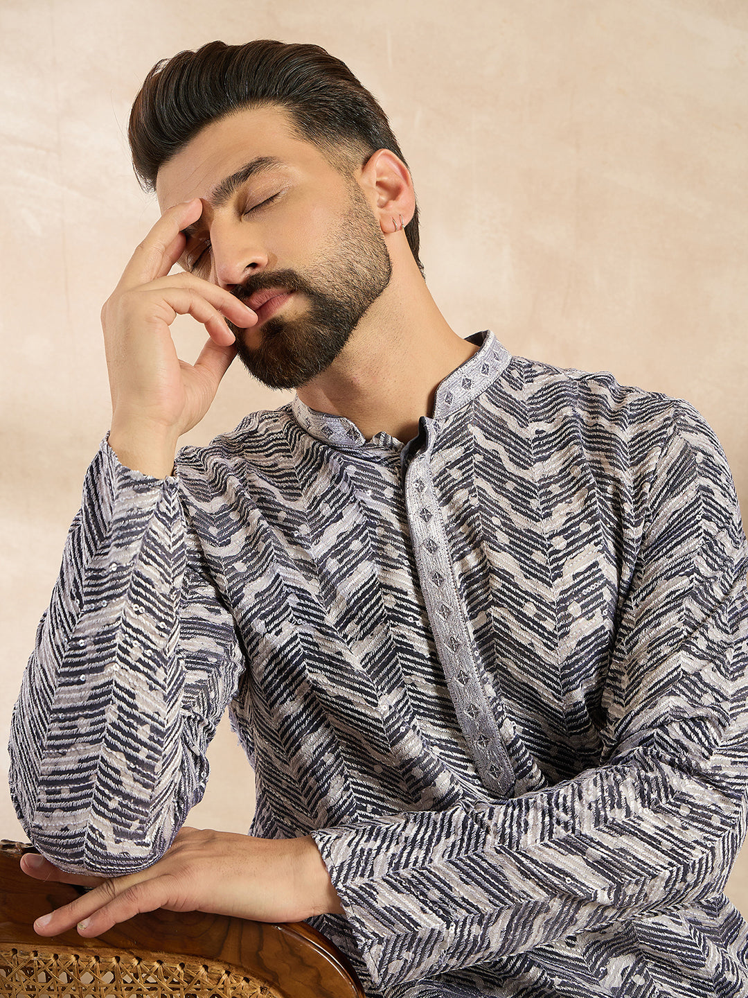Ethnic Bay Men Navy Blue Polyester Batik Embroidered Straight Kurta Sets