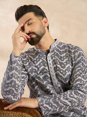 Ethnic Bay Men Navy Blue Polyester Batik Embroidered Straight Kurta Sets-MKSET1741