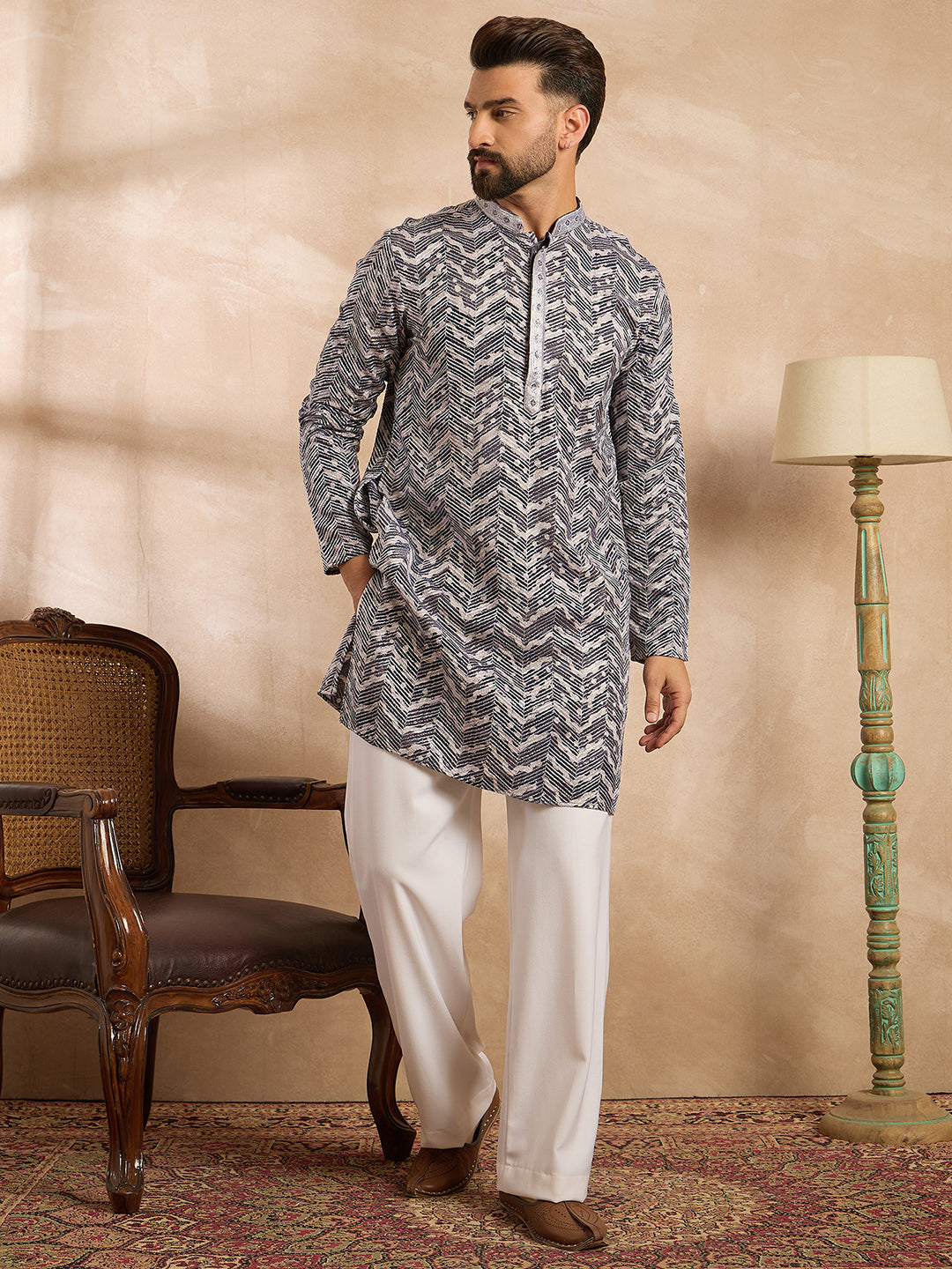 Ethnic Bay Men Navy Blue Polyester Batik Embroidered Straight Kurta Sets