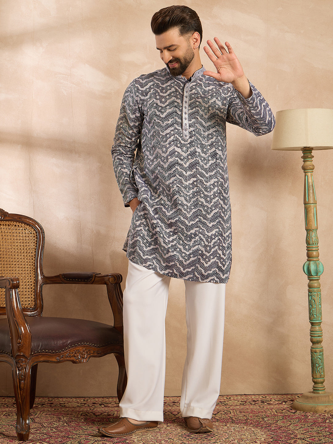 Ethnic Bay Men Navy Blue Polyester Batik Embroidered Straight Kurta Sets