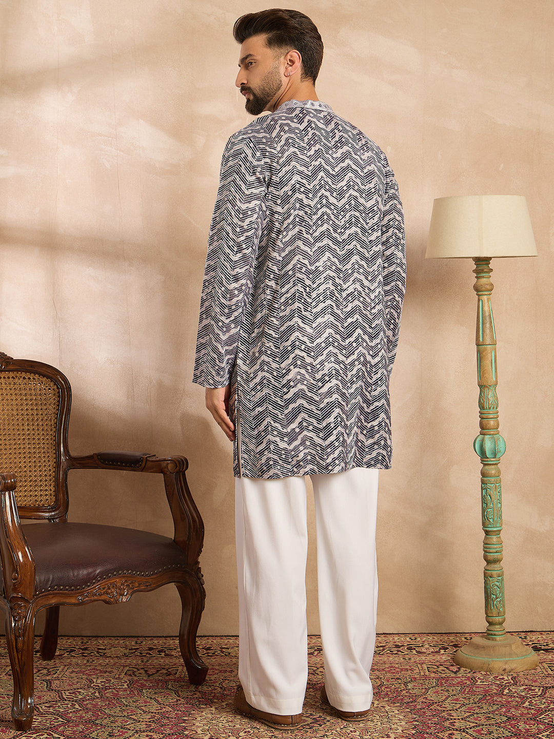 Ethnic Bay Men Navy Blue Polyester Batik Embroidered Straight Kurta Sets