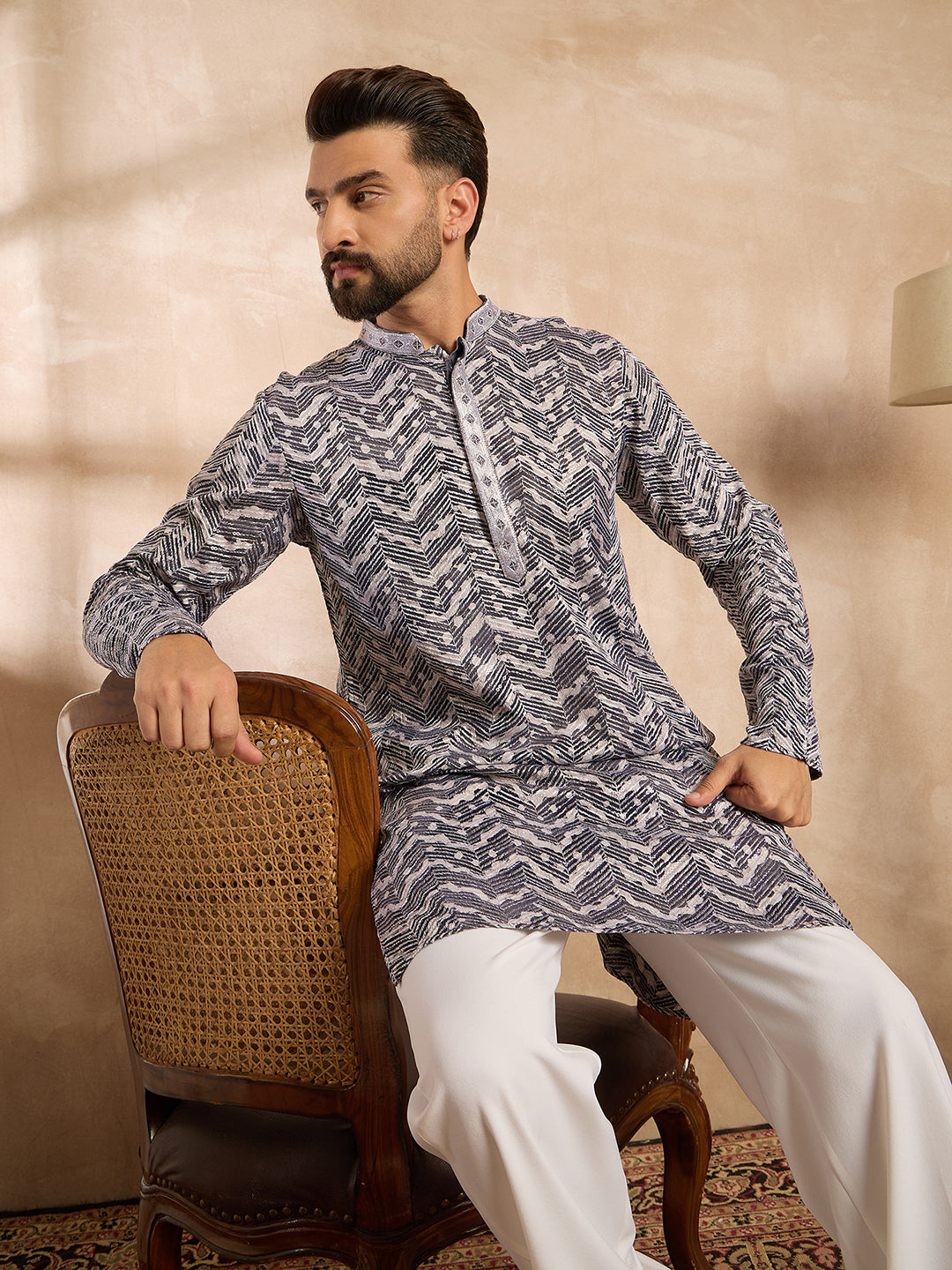Ethnic Bay Men Navy Blue Polyester Batik Embroidered Straight Kurta Sets