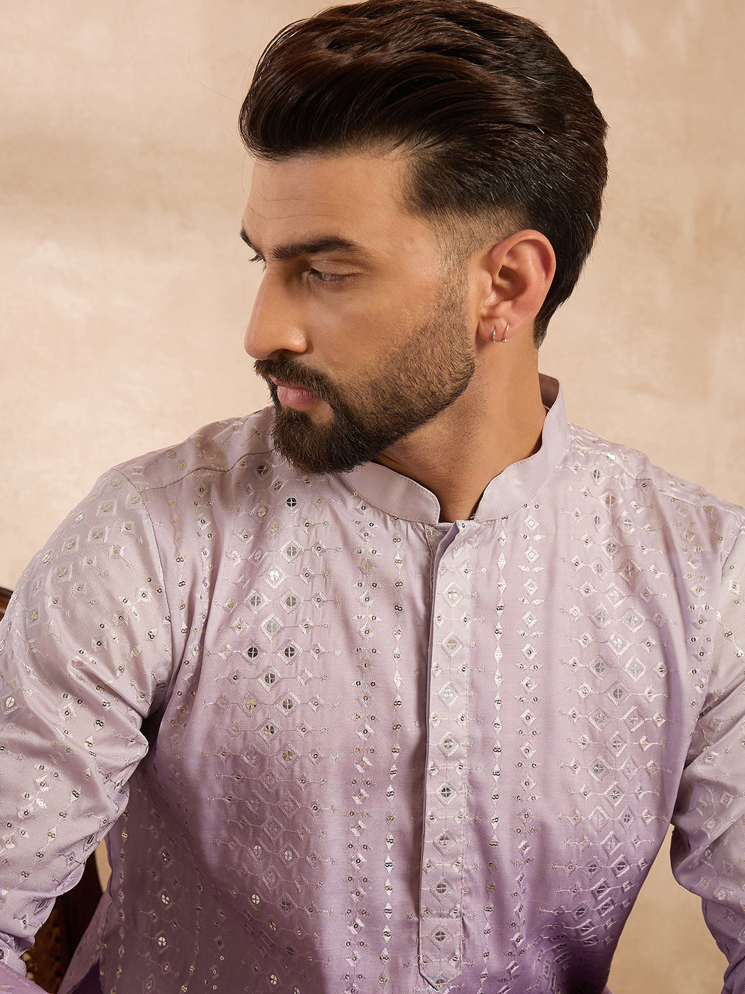 Ethnic Bay Men Lavender Silk Blend Ombre Embroidered Straight Kurta Sets-MKSET1752