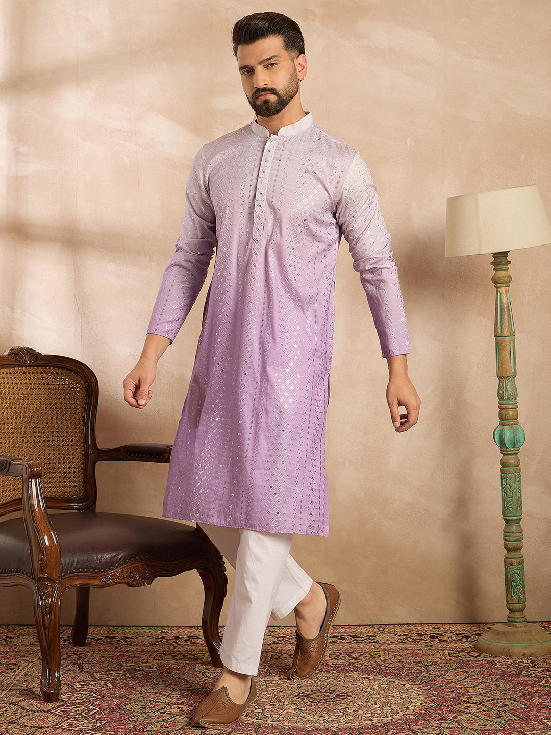 Ethnic Bay Men Lavender Silk Blend Ombre Embroidered Straight Kurta Sets