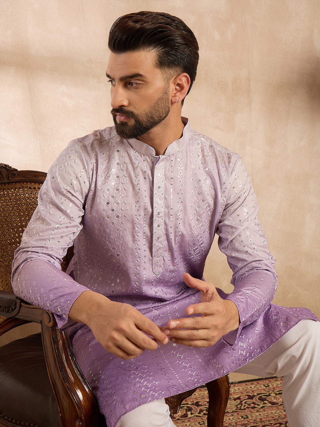 Ethnic Bay Men Lavender Silk Blend Ombre Embroidered Straight Kurta Sets