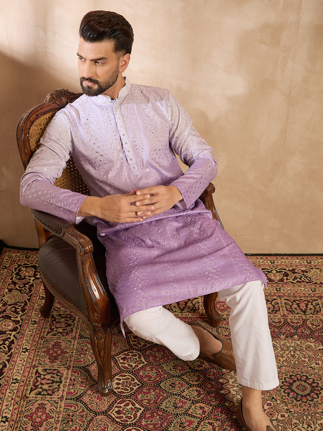 Ethnic Bay Men Lavender Silk Blend Ombre Embroidered Straight Kurta Sets