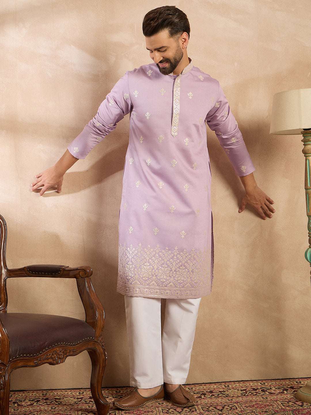 Ethnic Bay Men Lavender Polyester Solid Embroidered Straight Kurta Sets