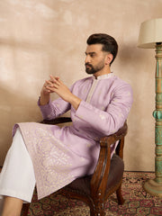 Ethnic Bay Men Lavender Polyester Solid Embroidered Straight Kurta Sets-MKSET1753