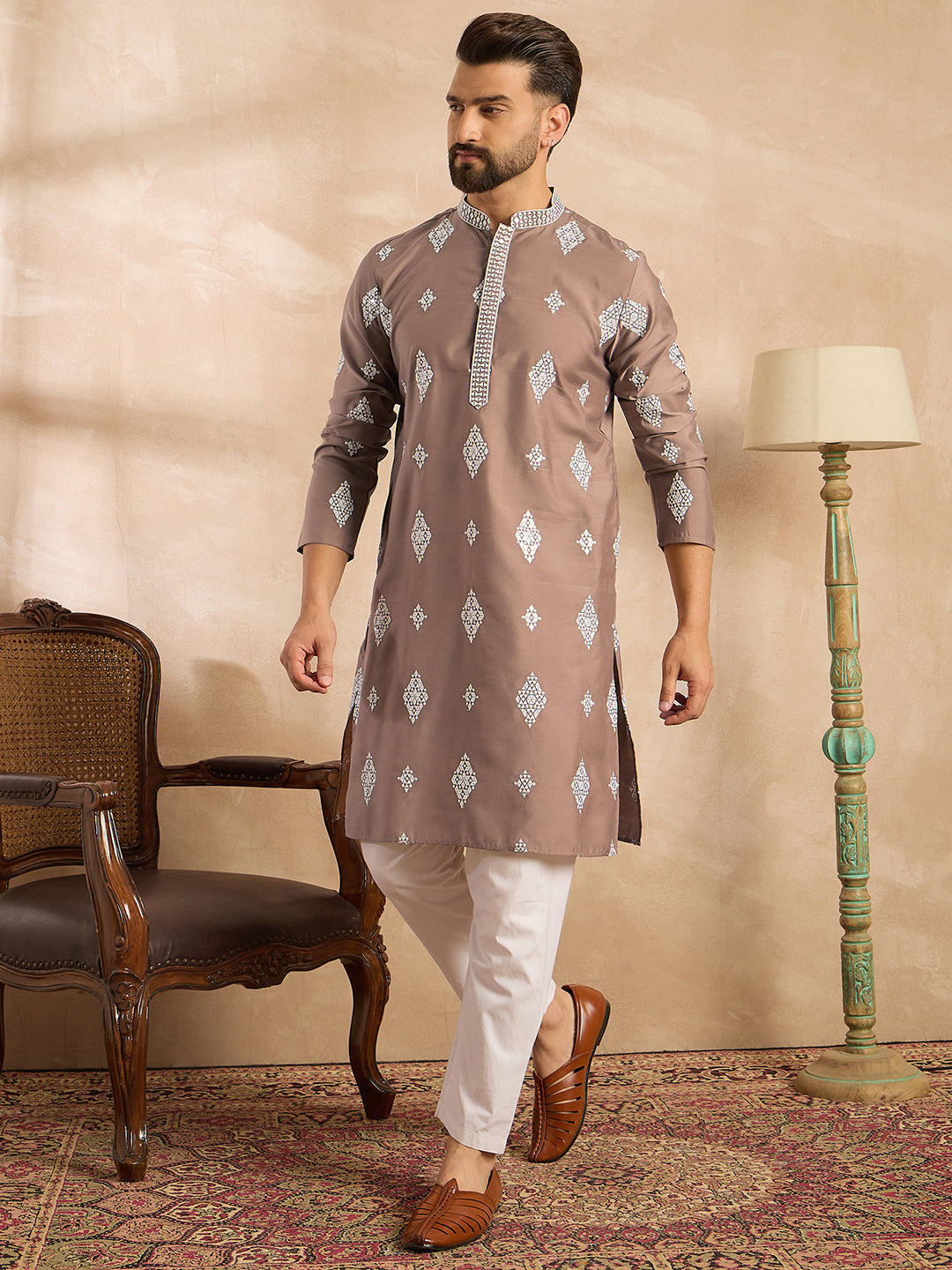 Ethnic Bay Men Beige Silk Blend Solid Embroidered Straight Kurta Sets