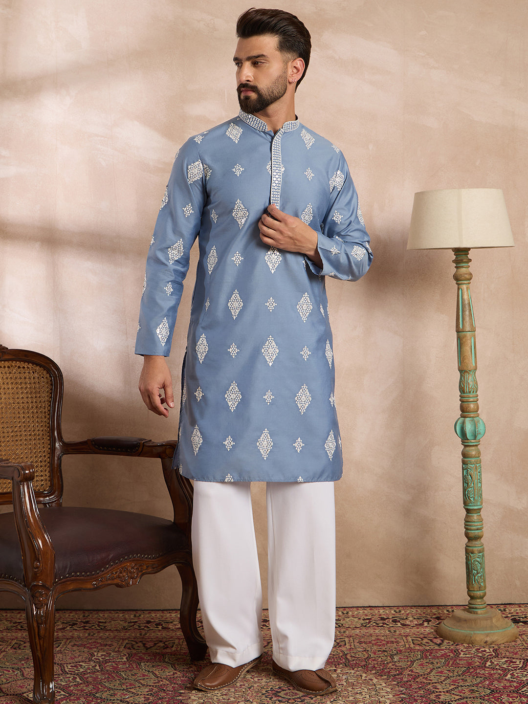 Ethnic Bay Men Blue Silk Blend Solid Embroidered Straight Kurta Sets