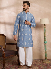 Ethnic Bay Men Blue Silk Blend Solid Embroidered Straight Kurta Sets-MKSET1778